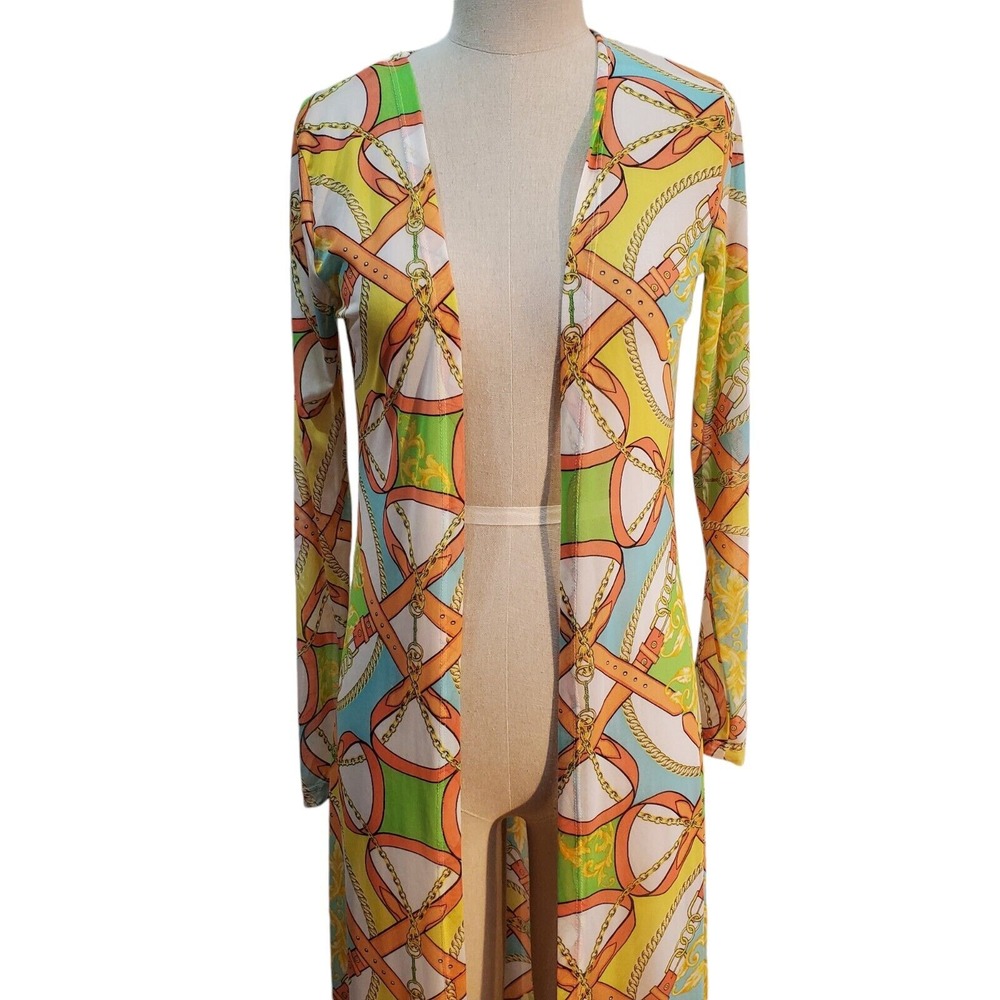 Jolie & Joy Duster Length Sheer Open Front Kimono Belt & Chain Motif Size M